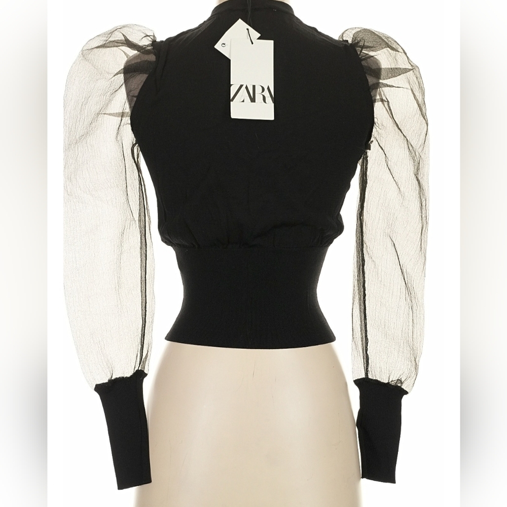 NWT Zara Black Sheer Sleeve Button-down Top - Picture 4 of 5